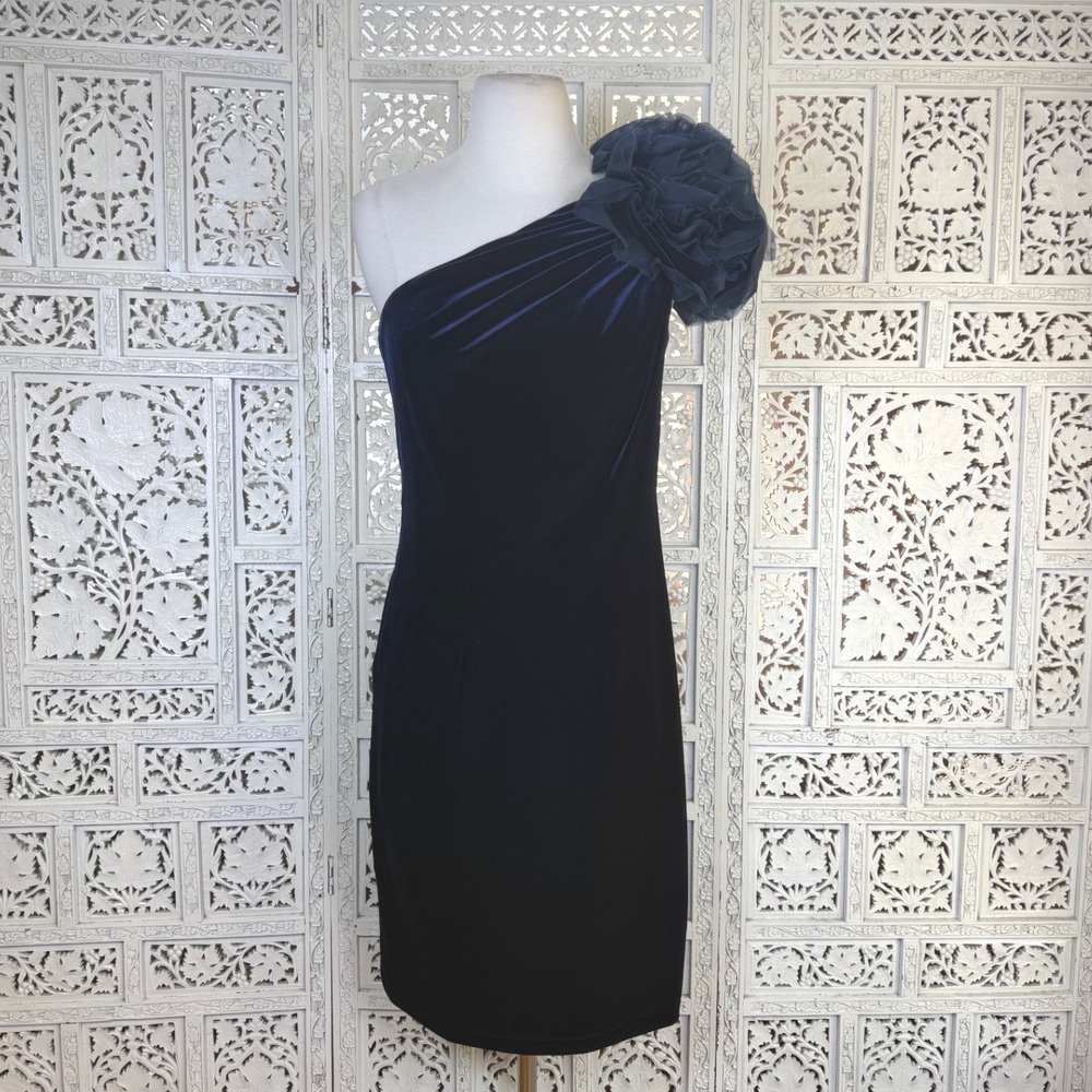 TADASHI SHOJI Blue Velvet One Shoulder Dress Womens Small Cocktail Event Formal